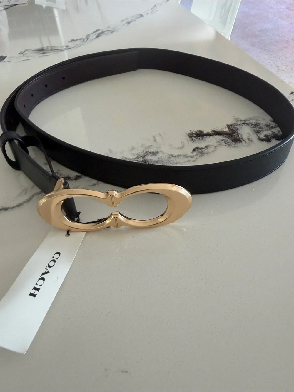 Coach Black Leather Belt with Gold Signature Double-Link Buckle